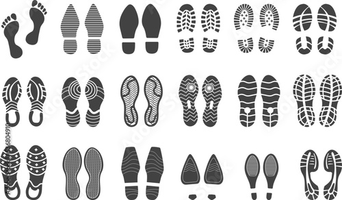 Shoe traces. Foot prints man boot sole, feet identity footprints sneaker or barefoot feet step mark shoeprint stamp in mud footmark track shoes with heels, neat vector illustration