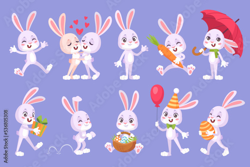 Cartoon hares with carrot. Cute bunny characters adorable funny love couple rabbits baby hare sticker collection for birthday or easter gift, ingenious animal vector illustration