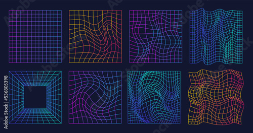 Warped retro grid. Nft cyber gravity grids, warp tunnel retrowave 80s colors neon prism vaporwave cyberpunk 90s techno pattern glitch computer background garish vector illustration