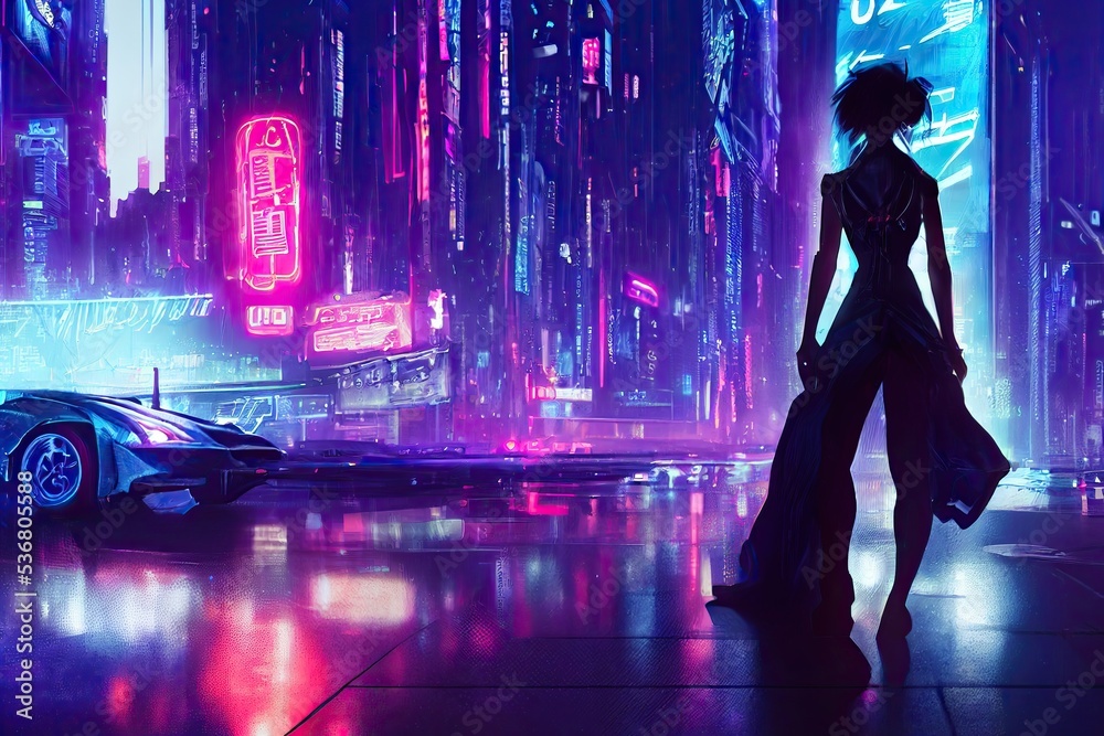 A robot dressed girl in cyberpunk. Background of a neon and ultraviolet nighttime metropolis A robot dressed girl in cyberpunk. Background of a neon and ultraviolet nighttime metropolis