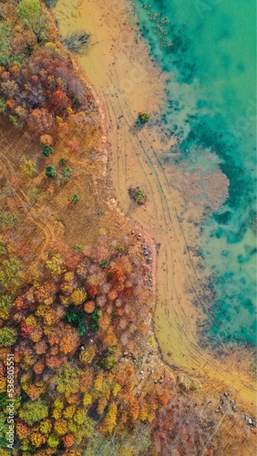 Aerial view of the beach across a lake inautumn with colorful trees in Nanjing City, China photo