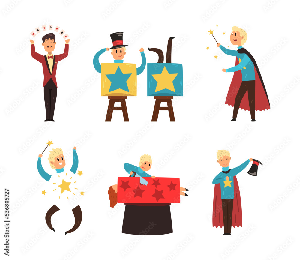 Man Magician Showing Tricks and Focuses for Entertainment Vector Set Man Magician Showing Tricks and Focuses for Entertainment Vector Set