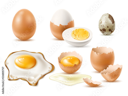 Realistic eggs. Raw and fried natural diet product, 3d chicken and quail egg, beige whole cracked shell, protein and yolk. Healthy organic food, breakfast utter vector isolated set