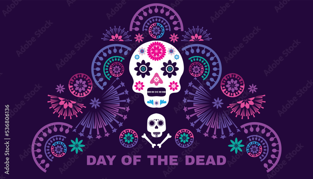 Dia de Los Muertos, Day of the Dead or Halloween greeting card, banner, background. Sugar skulls, candle, maracas, guitar, sombrero, marigold flowers, Сalavera la Catrina tradition skeleton decorati Dia de Los Muertos, Day of the Dead or Halloween greeting card, banner, background. Sugar skulls, candle, maracas, guitar, sombrero, marigold flowers, Сalavera la Catrina tradition skeleton decorati