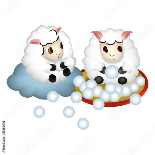 Sheep and lamb play snowballs on a cloud