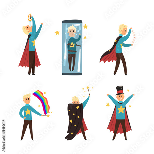 Man Magician Showing Tricks and Focuses for Entertainment Vector Set