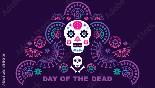 Dia de Los Muertos, Day of the Dead or Halloween greeting card,  banner, background. Sugar skulls, candle, maracas, guitar, sombrero,  marigold flowers, Сalavera la Catrina tradition skeleton decorati