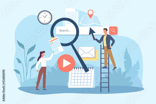 Search engine, SEO tool and reference tool for search analysis. Browsing information, tiny characters look for and find query in web browser, content tags, vector cartoon flat concept photo