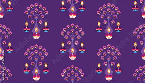 Traditional Indian festival Diwali seamless pattern Happy Festival of lights Deepavali Template for textile, paper, cover Festive Burning diya graphic background Vector abstract flat illustration
