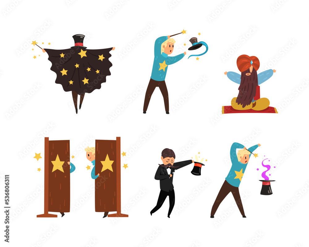 Fototapeta premium Man Magician Showing Tricks and Focuses for Entertainment Vector Set