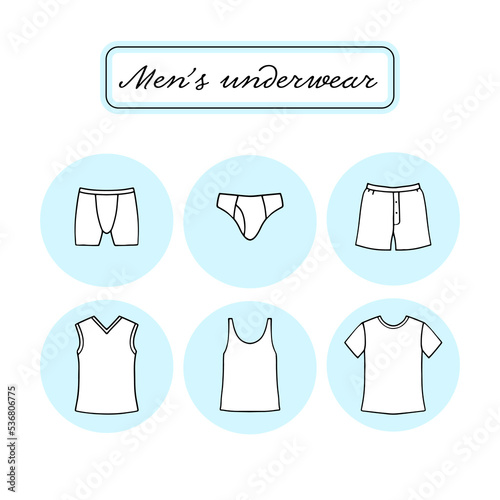 Men underwear flat line set. Men's briefs and t-shirts vector icons in circles for flyer. Pictograms for your store, app, web design, ui, graphic, busin. Minimalist trend illustration