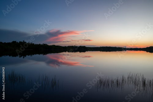 Colorful sunrise over Nine Mile Pond in Everglades National Park  Florida.