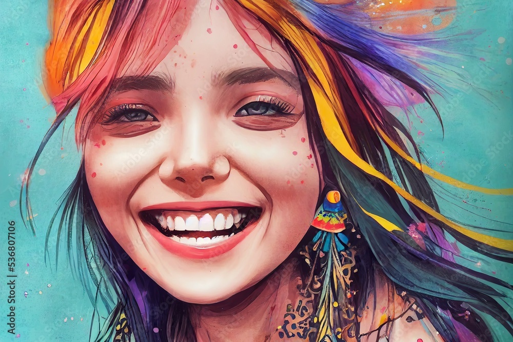 Obraz premium Beautiful girl grinning in a painted picture with colorful paint splatters in the background.