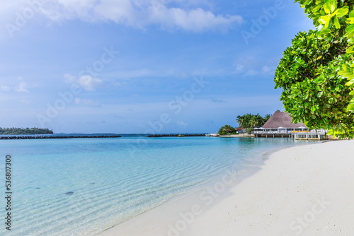 Fototapeta Naklejka Na Ścianę i Meble -  Tropical sand beach and blue sky with white clouds in the Maldives