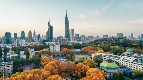 Vászonkép Drone view of the Zifeng Tower in Nanjing, Jiangsu,China in autumn with colorful
