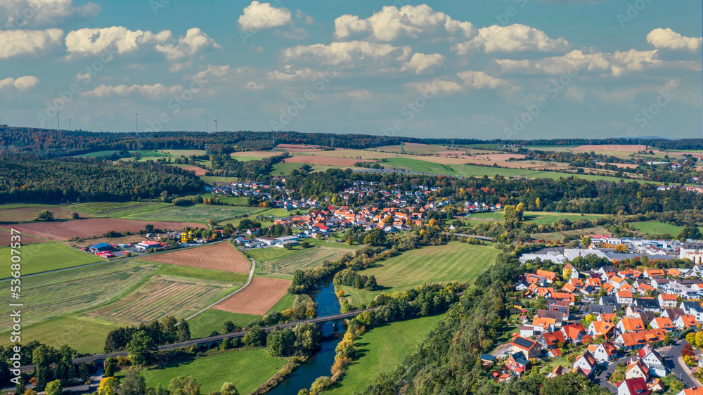 Beautiful European rural landscape from a bird's eye view on a sunny day