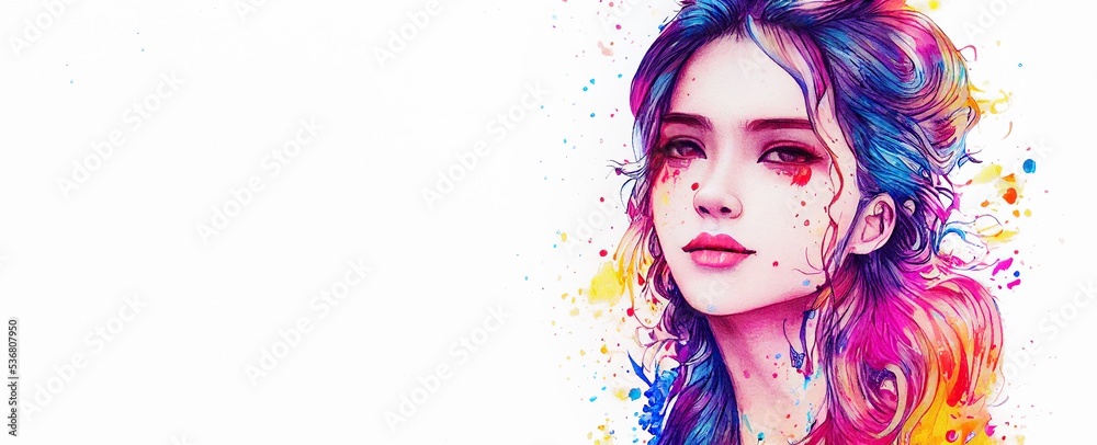 Stunning girl's watercolor portrait with smudges and stains