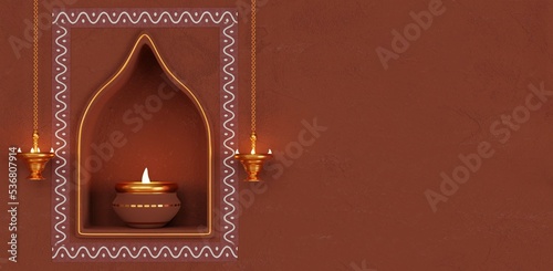 3d render of Festival, diwali and pongal lamp of traditional India, product display in hanging in brown wall background