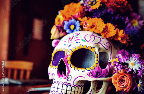 Photos Calaveras de día de muerto, decoradas y pintadas, flores de adorno