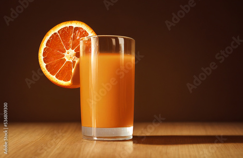 Vaso de Zumo de naranja, sobre mesa de madera y fondo madera