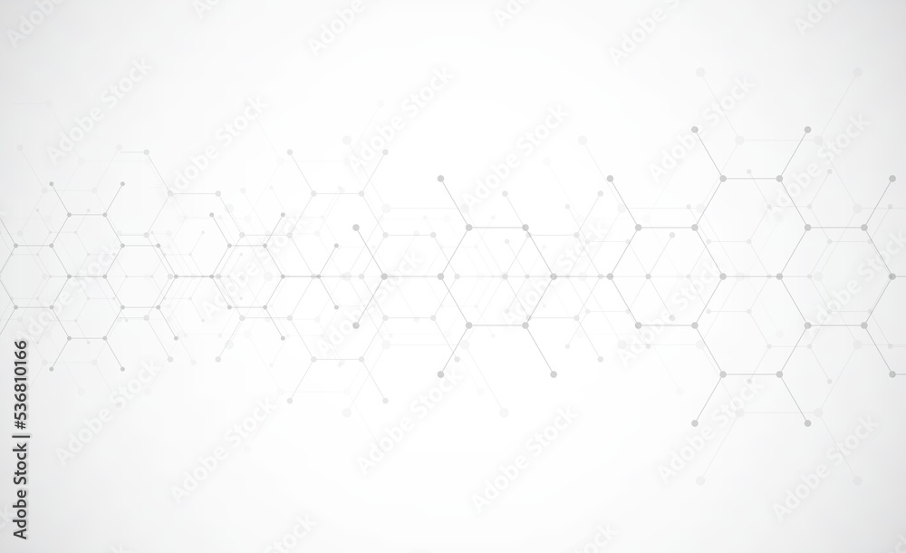Naklejka premium Hexagons pattern on gray background. Genetic research, molecular structure. Chemical engineering. Concept of innovation technology. Used for design healthcare, science and medicine background