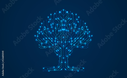 Technology big data tree network on blue background. Digital circuit board internet connection. Hi-tech