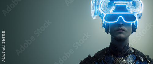 Portrait of young cyber man wears glowing science fiction virtual reality glasses on light grey background. Wizard in armor