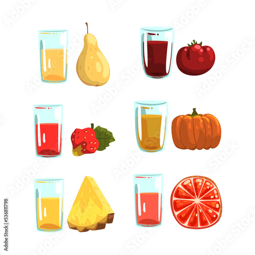 Glass of Fresh Squeezed Juice with Fruit and Vegetable Ingredient Rested Nearby Vector Set