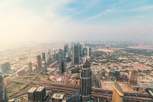 Sunset of panoramic aerial view of downtown in Dubai