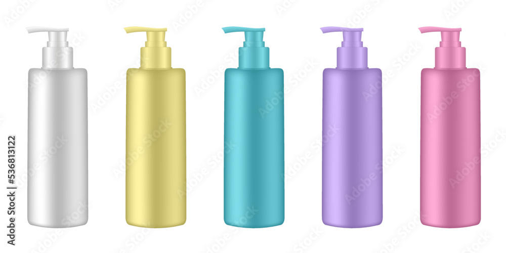 Set of cosmetic bottles with pump. Dispenser. White, yellow, purple, blue and pink containers. Liquid soap or shampoo. Set of cosmetic bottles with pump. Dispenser. White, yellow, purple, blue and pink containers. Liquid soap or shampoo.