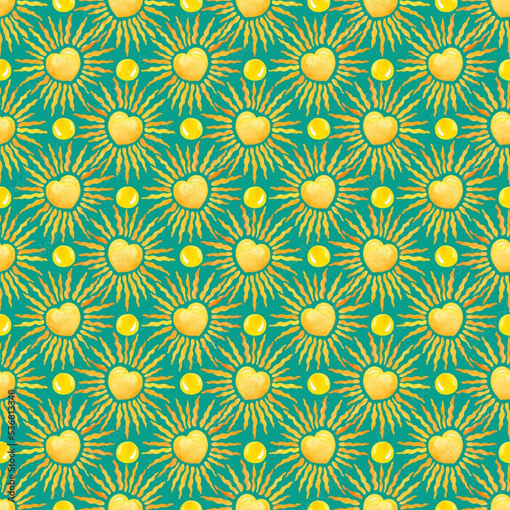Watercolor summer yellow sun seamless pattern. Hand drawn cute background. Repeatable texture, surface, wrapping paper, stationery, wallpaper, fabric, paper, textile Watercolor summer yellow sun seamless pattern. Hand drawn cute background. Repeatable texture, surface, wrapping paper, stationery, wallpaper, fabric, paper, textile