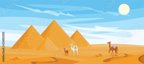 Vector illustration of hot desert. Cartoon sandy landscape with ancient pyramids  camels in the desert under the hot sun.