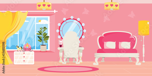 Vector illustration of modern interior girls room. Cartoon interior with bed, table, chair, mirror, combs, bedside table, flowerpot, lamp, window with access to the city.