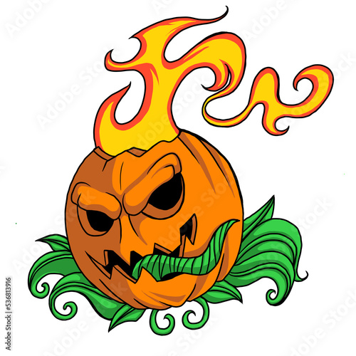 pumpkin helloween with fire on head vector premium