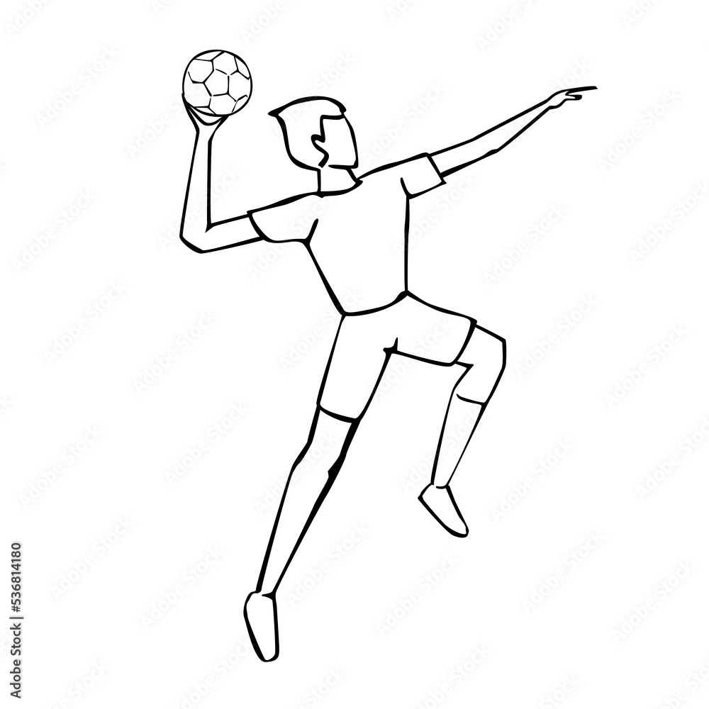 Vector illustration of hand drawn handball player in action. Sports concept