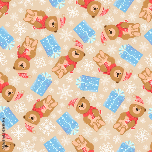 New Year's seamless pattern of teddy bears in a hat with a bubon, a scarf and blue boxes with gifts. On a beige background with snowflakes. It is well suited for gift wrapping, fabric decoration. photo