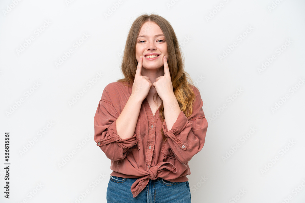 Young pretty woman isolated on white background smiling with a happy and pleasant expression Young pretty woman isolated on white background smiling with a happy and pleasant expression