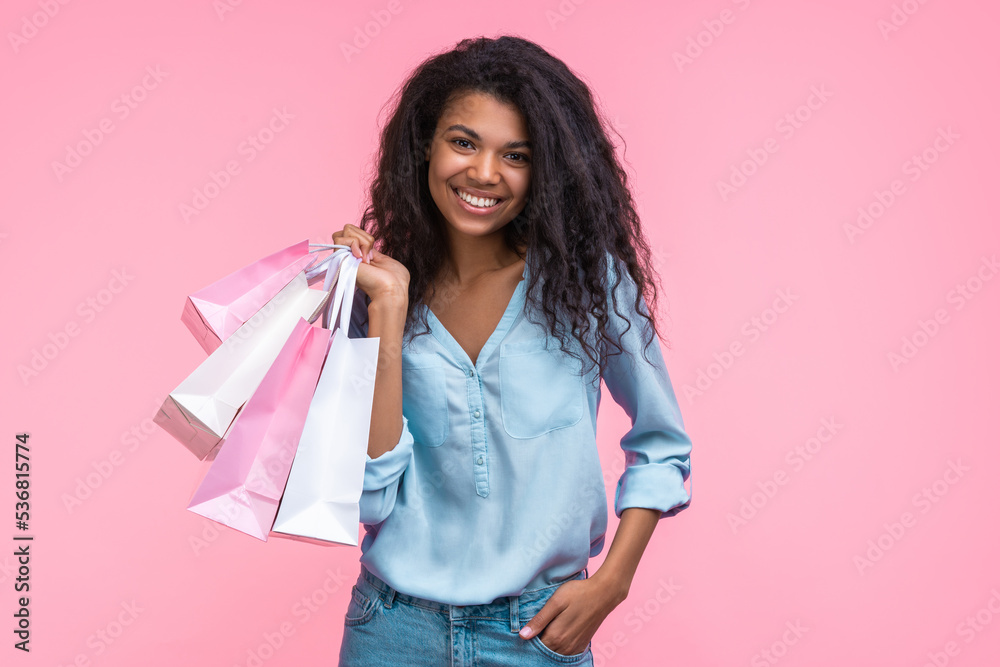 Studio shot of young stylish happy smiling girl holding a bunch of shoppers on hand and posing over pastel pink background Studio shot of young stylish happy smiling girl holding a bunch of shoppers on hand and posing over pastel pink background