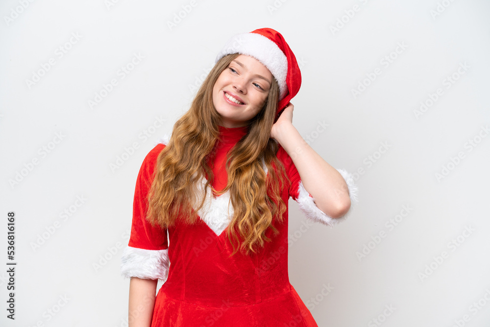 Young caucasian woman with Christmas dress isolated on white background thinking an idea Young caucasian woman with Christmas dress isolated on white background thinking an idea