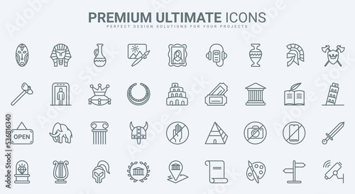 Museum thin line icons set vector illustration. Outline artwork exhibits of art and history gallery, exhibition with antique artifacts and culture heritage collection for visitors, school excursion