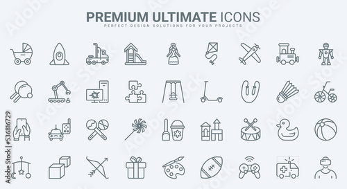 Toys for games of boys and girls thin line icons set vector illustration. Outline childhood pictogram collection with baby stroller, rubber duck and car, entertainment for leisure of children