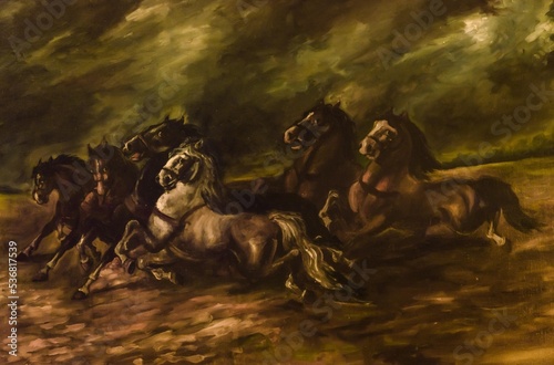 Artistic oil painting of a heard of horses running in the storm by painter Gerhardt in 1966