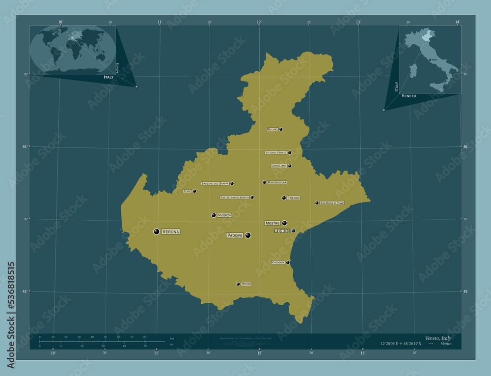 Veneto, Italy. Solid. Labelled points of cities