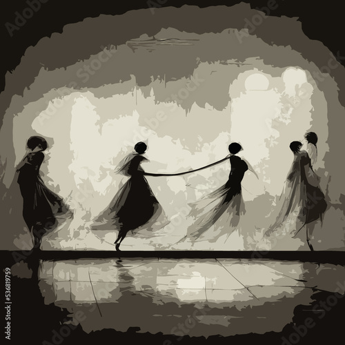 Dancing lines, a backlit stage, four dancers, mystic light, and painting. photo