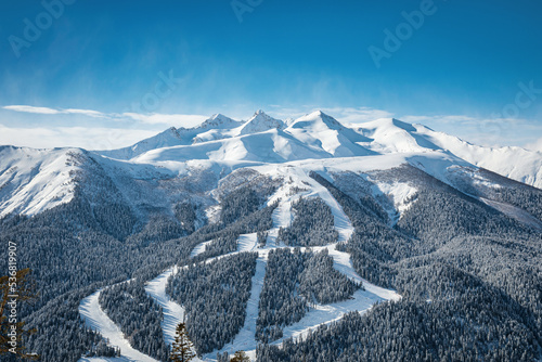 Obraz na płótnie Panoramic view of the ski resort. Ski slopes and lifts passing through the forest w salonie