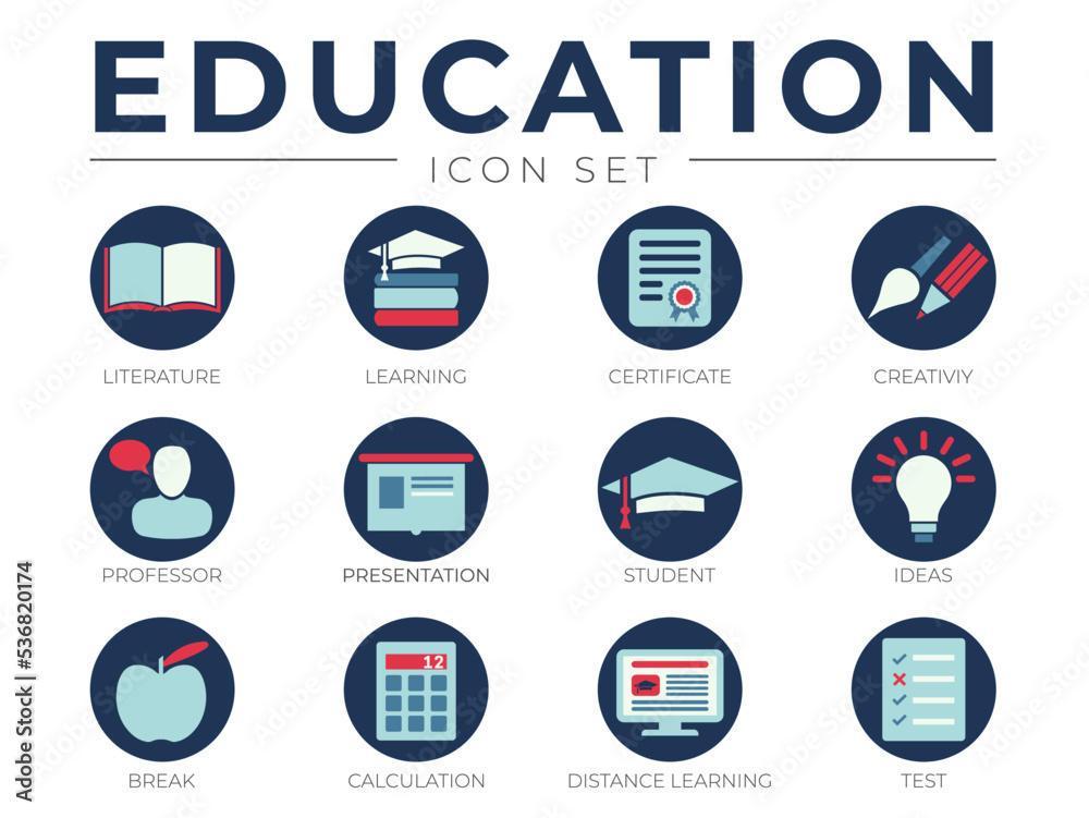 Flat Education School Icon Set. Literature, Learning, Certificate, Creativity, Presentation, Student, Ideas and Distance Learning Test Icons