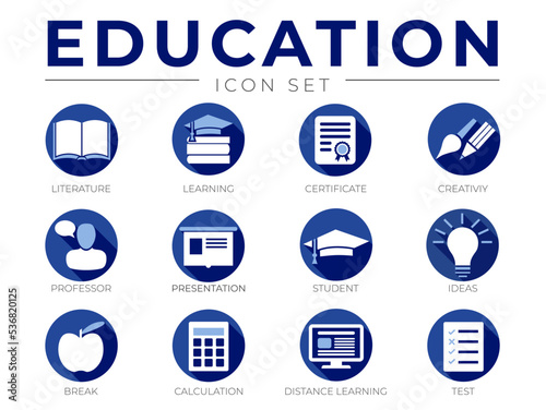 Blue Education Icon Set with Literature, Learning, Certificate, Creativity, Presentation and Distance Learning Test Icons © csiling