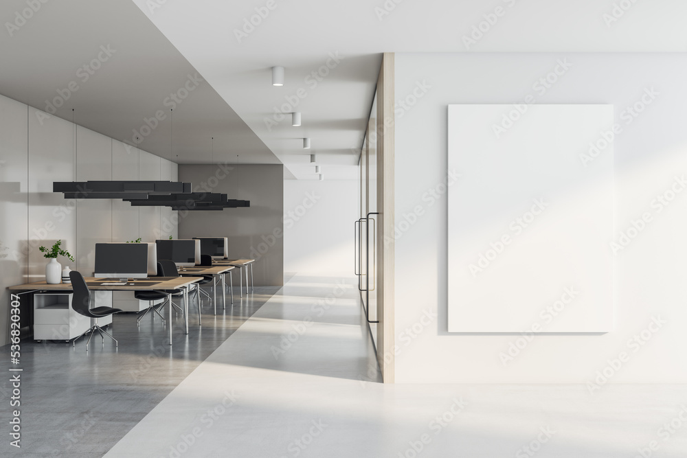 Front view on blank white poster with place for your text or logo on light wall in sunlit coworking office with modern minimalistic style interior design. 3D rendering, mock up Front view on blank white poster with place for your text or logo on light wall in sunlit coworking office with modern minimalistic style interior design. 3D rendering, mock up