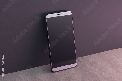 Close up of empty black smart phone on dark wall and wooden surface background. Mobile app concept. 3D Rendering. photo