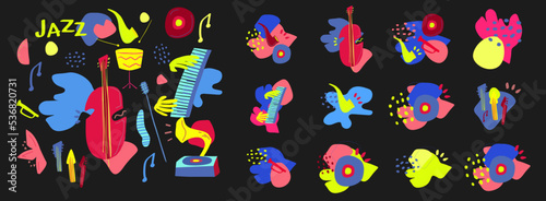 Vector set of illustrations of musical instruments and shapes, perfect for print, poster, social media, jazz events, vinyl store, etc.